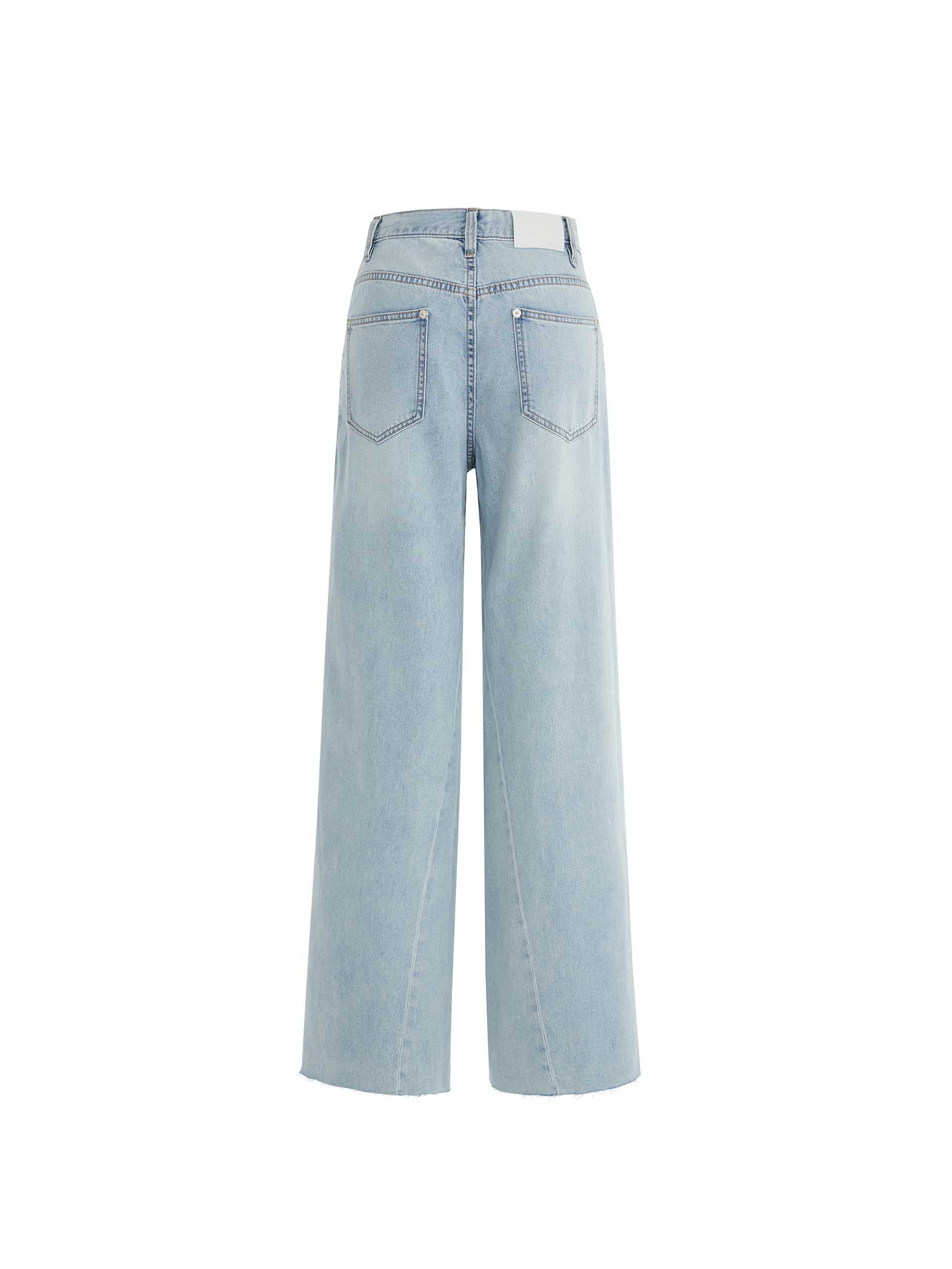 MO&Co. Women's Drawstring Wide Leg Mid-rise Light Blue Jeans with Raw hem and irregular Seam details