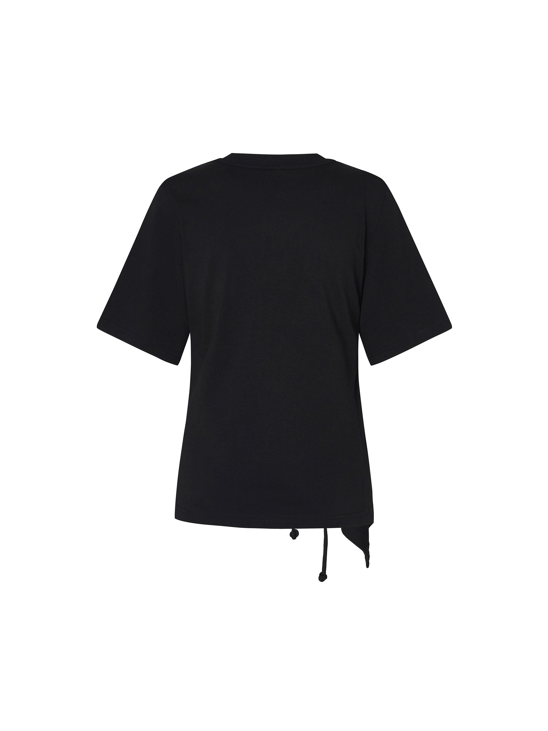 Women's Pleated Asymmetrical Hem Cotton T-shirt with Drawstring in Black