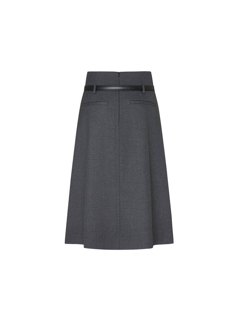 Grey Pleated Old Money Midi A-line Skirt with belt