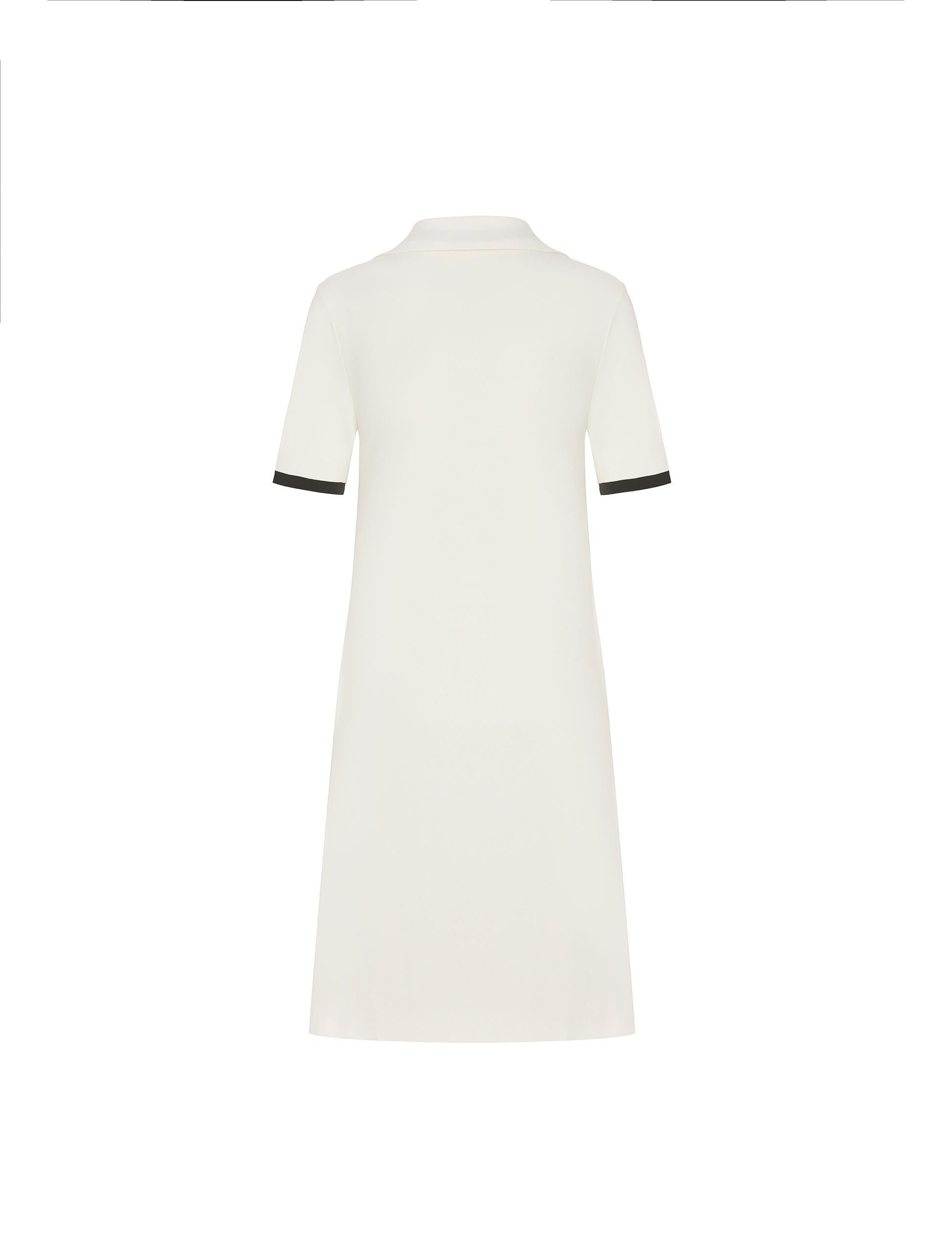 MO&Co. Women's Polo Collar Contrast Beige Dress features include a V-neck with collar design, contrasting trim details, and an embroidered M logo patch front. 