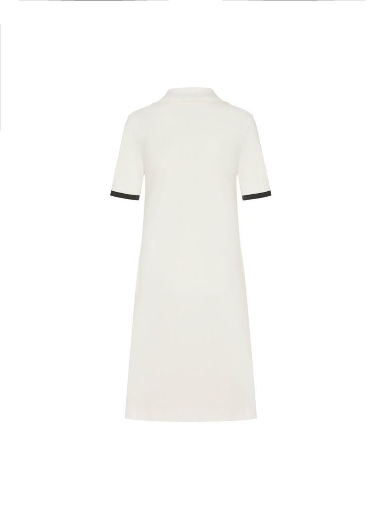 MO&Co. Women's Polo Collar Contrast Beige Dress features include a V-neck with collar design, contrasting trim details, and an embroidered M logo patch front. 