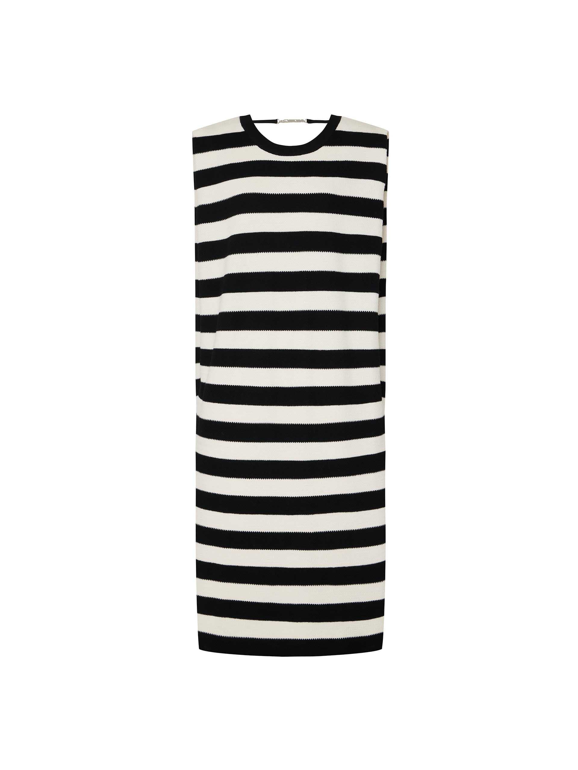 MO&Co. Women's Black and White Stripe H-line Maxi Dress with Cut-out Details and Logo Metallic Chain at back