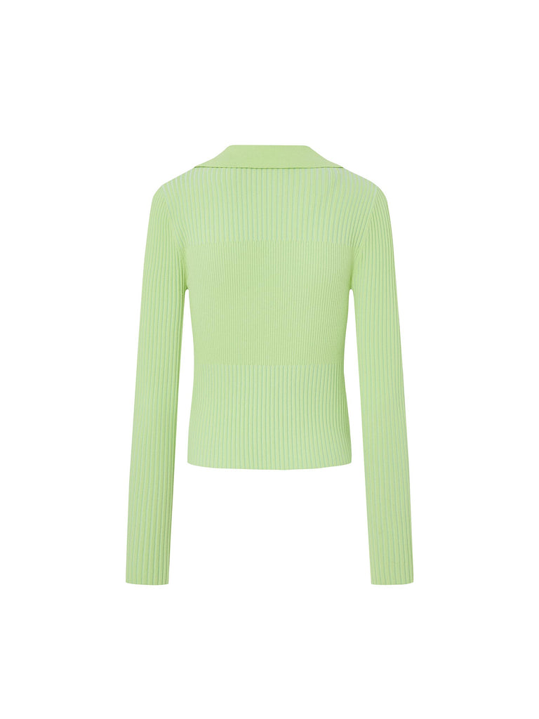 Women's V-neck Long Sleeves Slim-fitting Ribbed Knit Top in Green