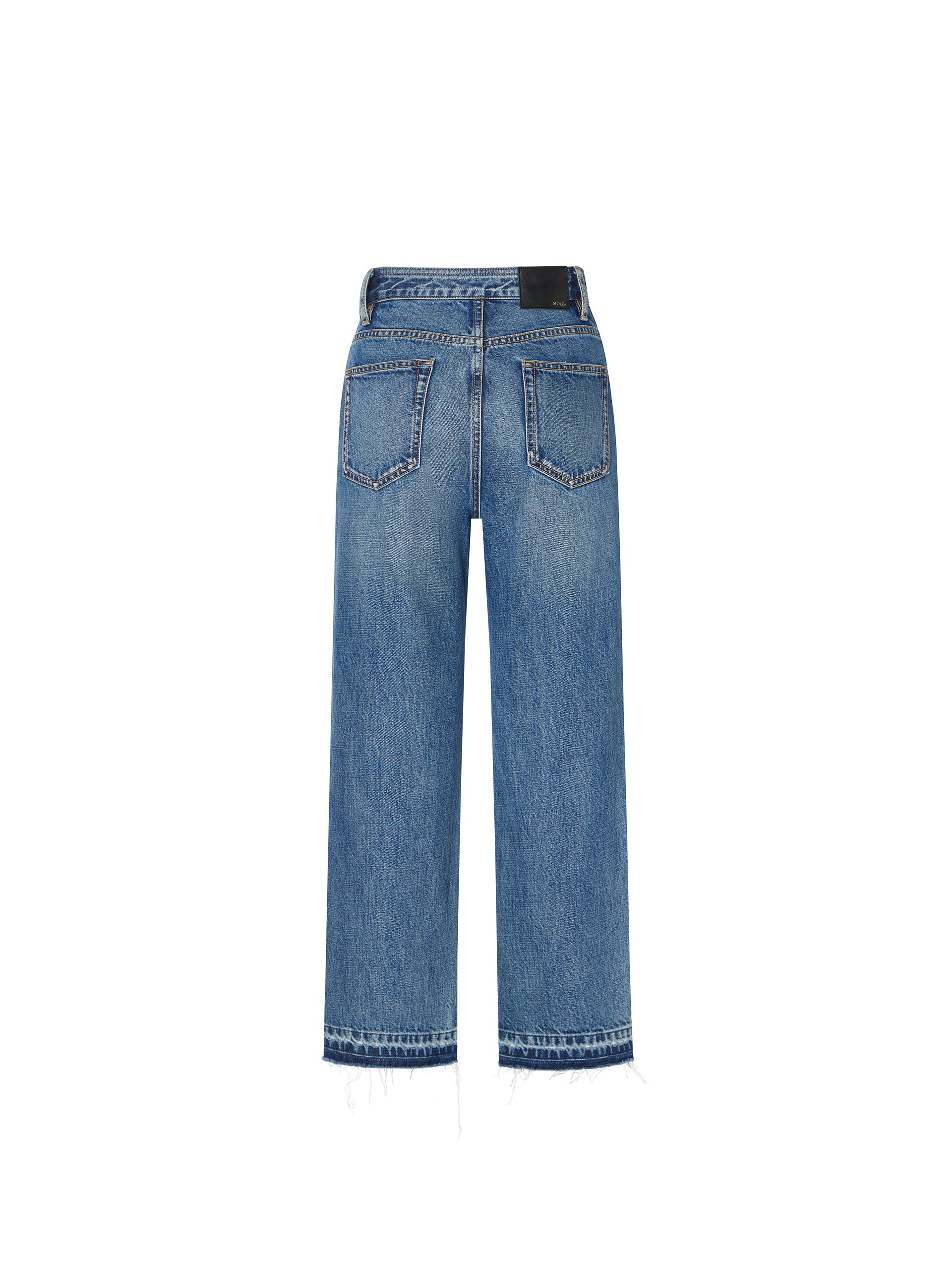 Frayed Raw Hem Straight Leg Cotton Denim Blue Jeans