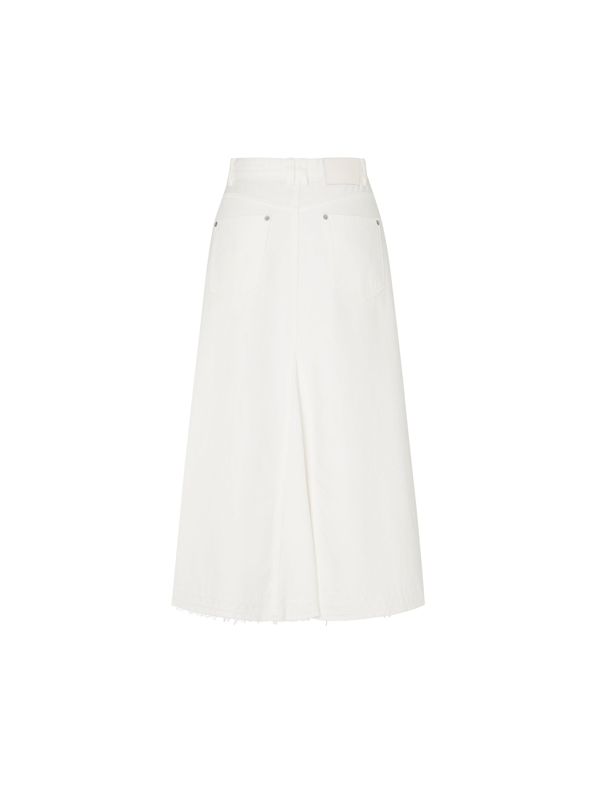 Slit Front Raw Hem White Denim Midi Skirt