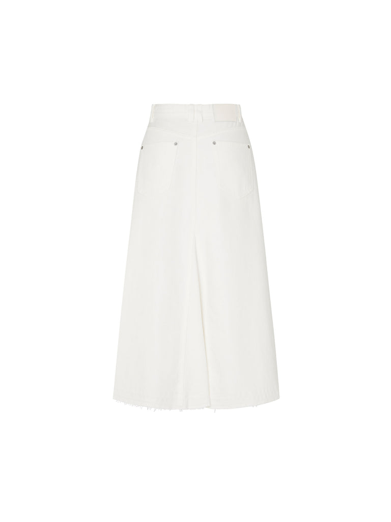 Slit Front Raw Hem White Denim Midi Skirt
