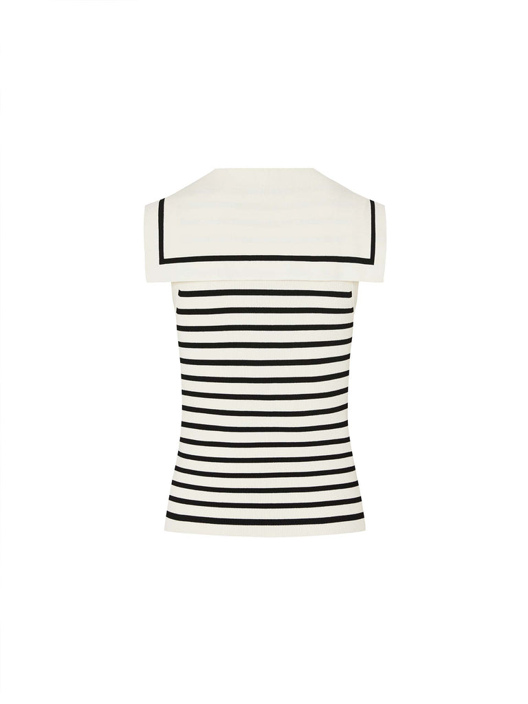 MO&Co. Women's Striped Navy Collar Knitted Sleeves Top in Black and White