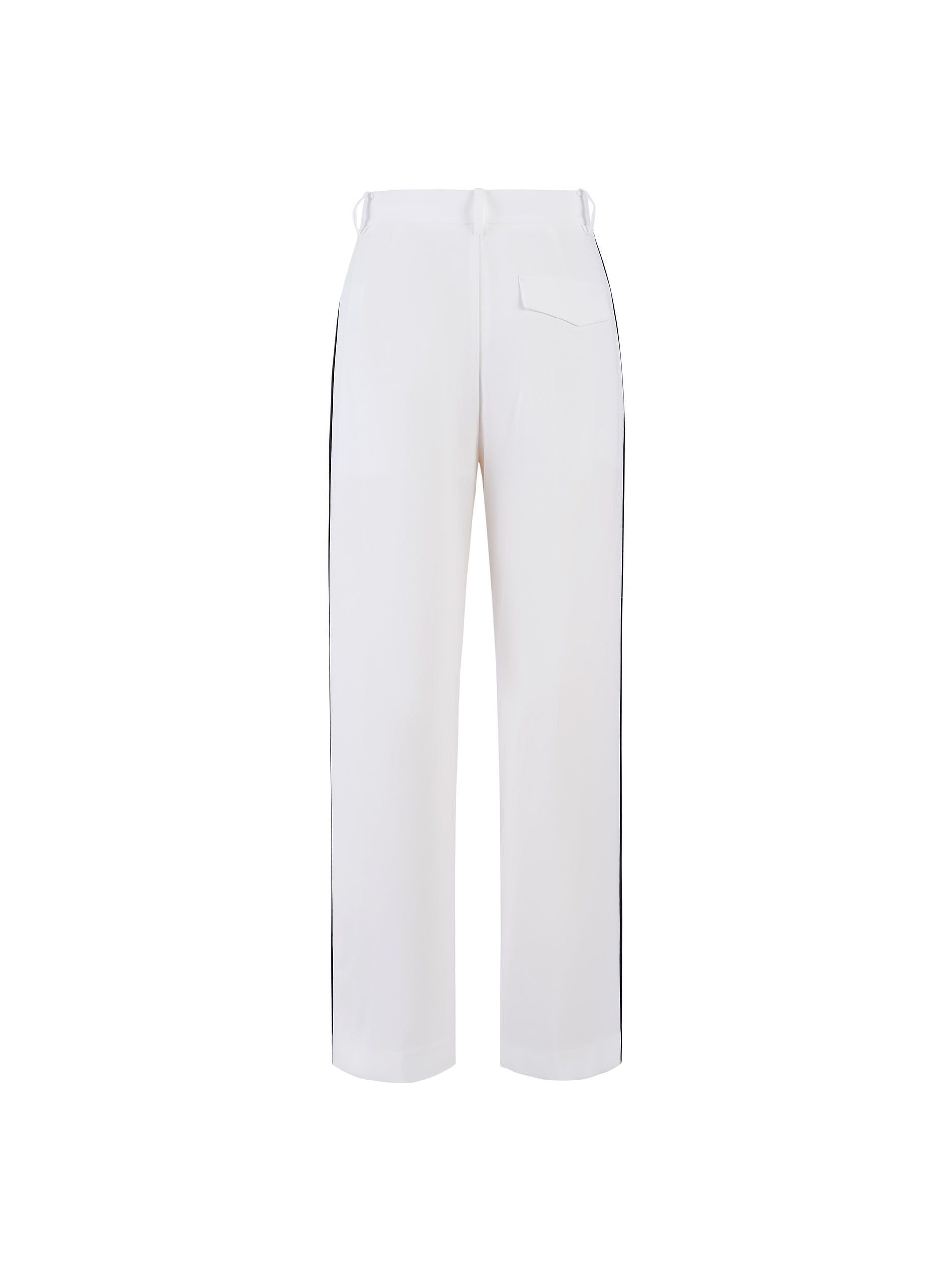 MO&Co. Women's Contrast Trim Suit Pants in White offer timeless style and lasting comfort. Features include contrast trim design, straight leg, side pockets, belt loops, and a zipper and hook closure.