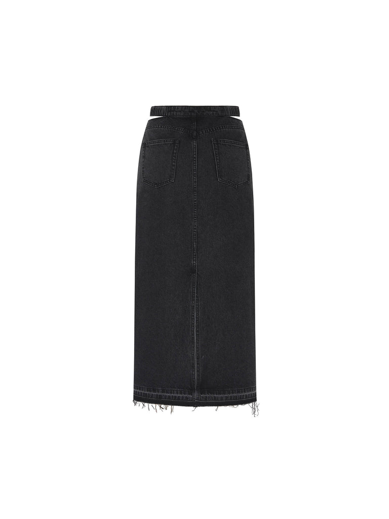 Slit Back Cut-out Waistband Details Black Denim Maxi Skirt