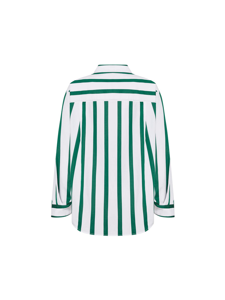 Women's Relaxed Green and White Striped Cotton Shirt