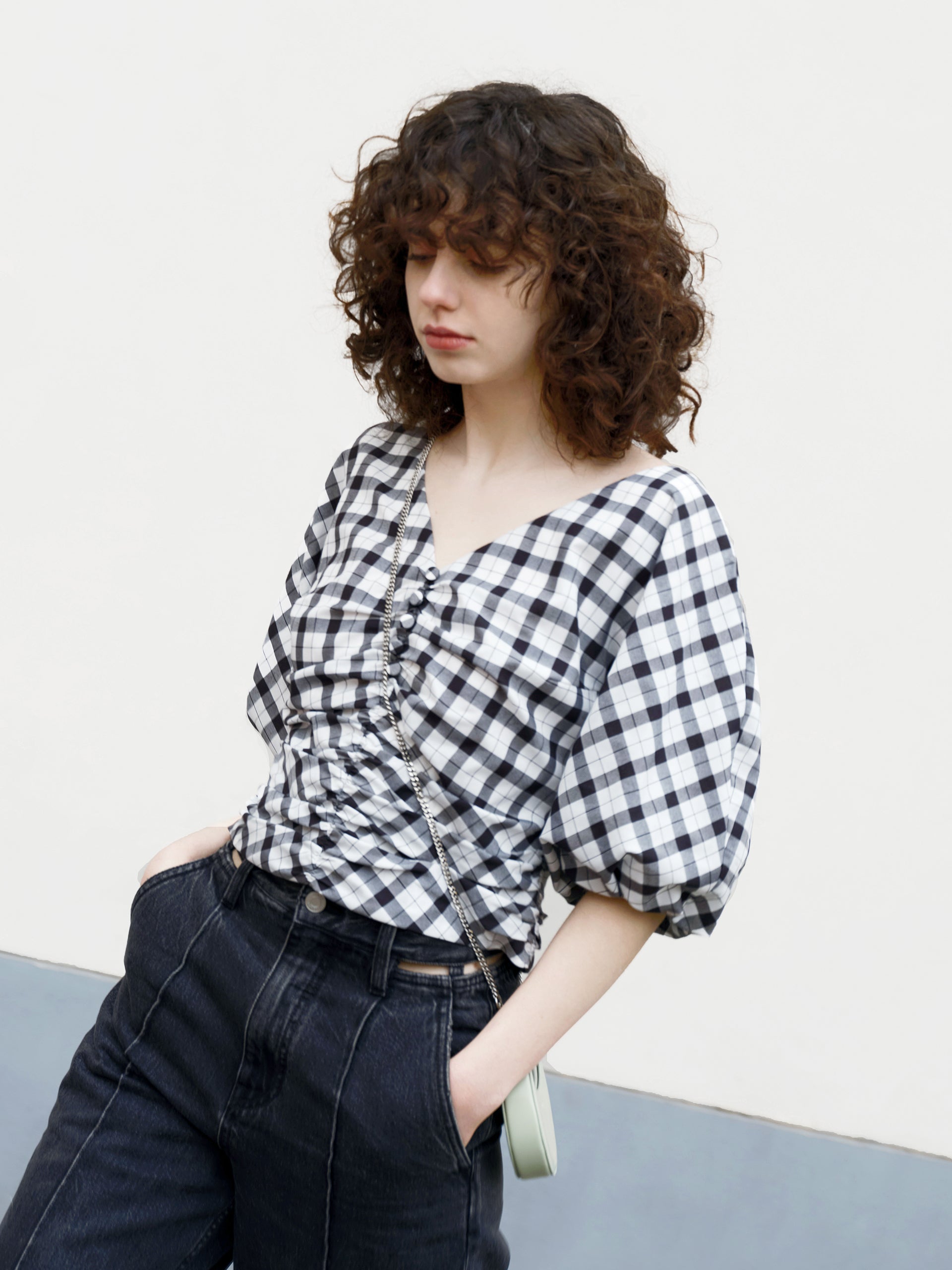 V-Neck Ruched Checkered Top MO&Co.