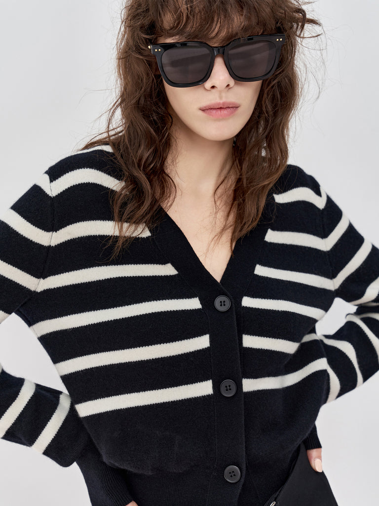 MO&Co. Women's Wool Striped Knit Cardigan Loose Chic V Neck Womens Summer Cardigans