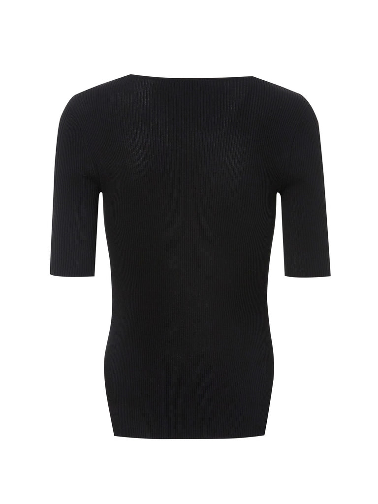 MO&Co. Women Stretch Split-hem Knit Top Fitted Casual  Square Neck Black