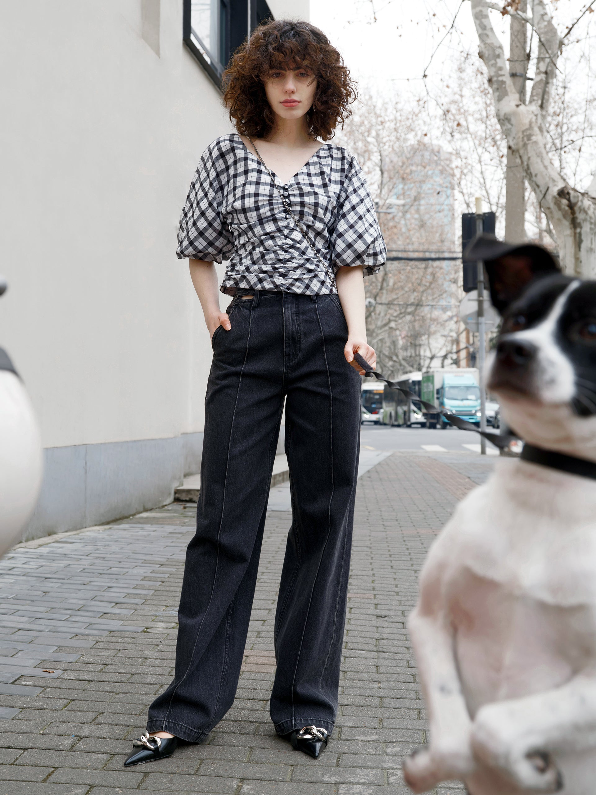 V-Neck Ruched Checkered Top MO&Co.