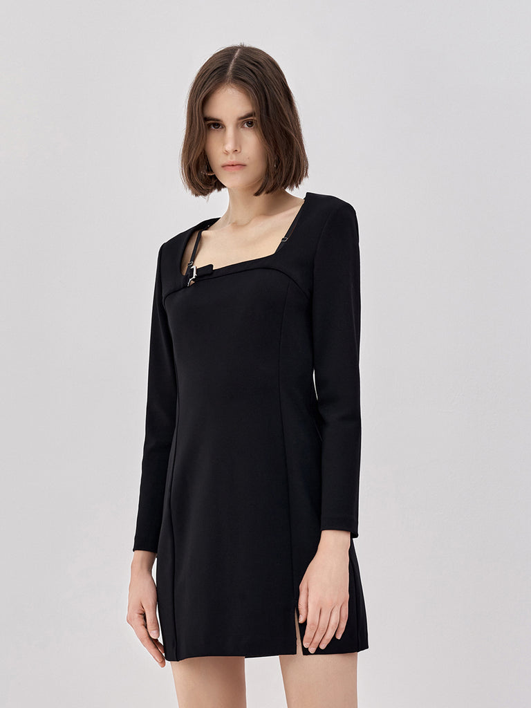 MO&Co. Women's Square Neck Slit Dress Fitted Casual Black Shift Dress