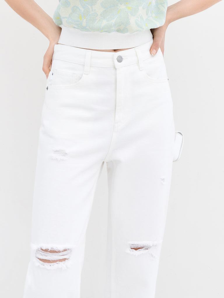 MO&Co. Women's Cotton Cutout Jeans Loose Cowboys Torn White Jeans For Woman