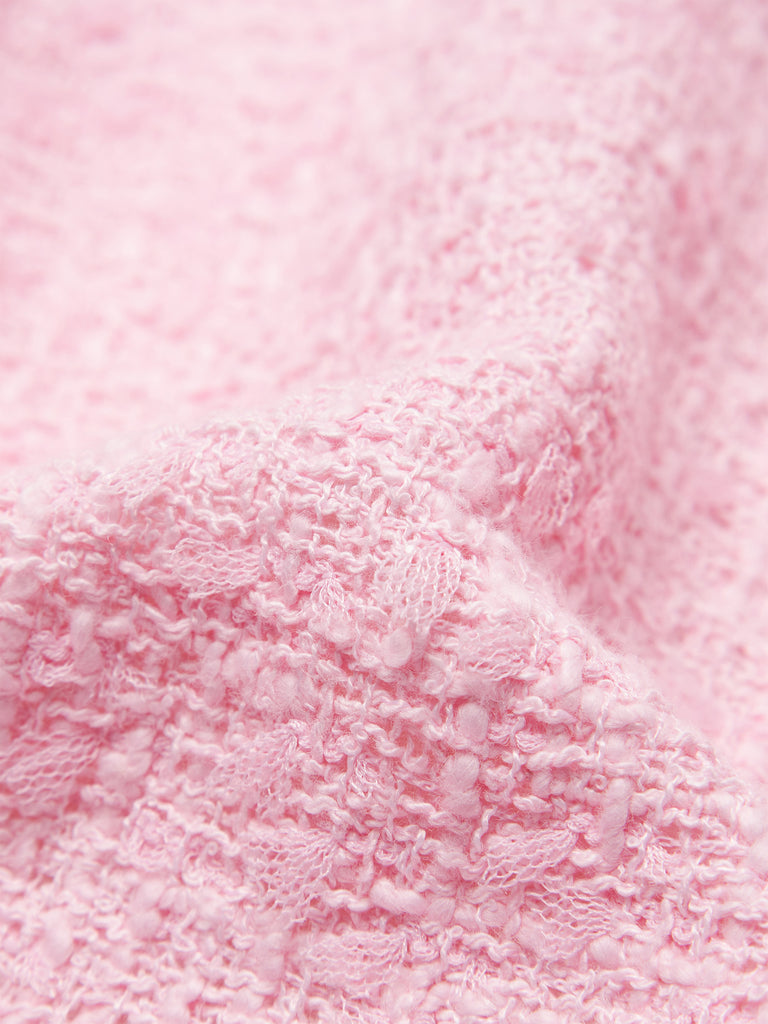 Pink Cotton Blend Chic Collarless Boxy Tweed Jacket