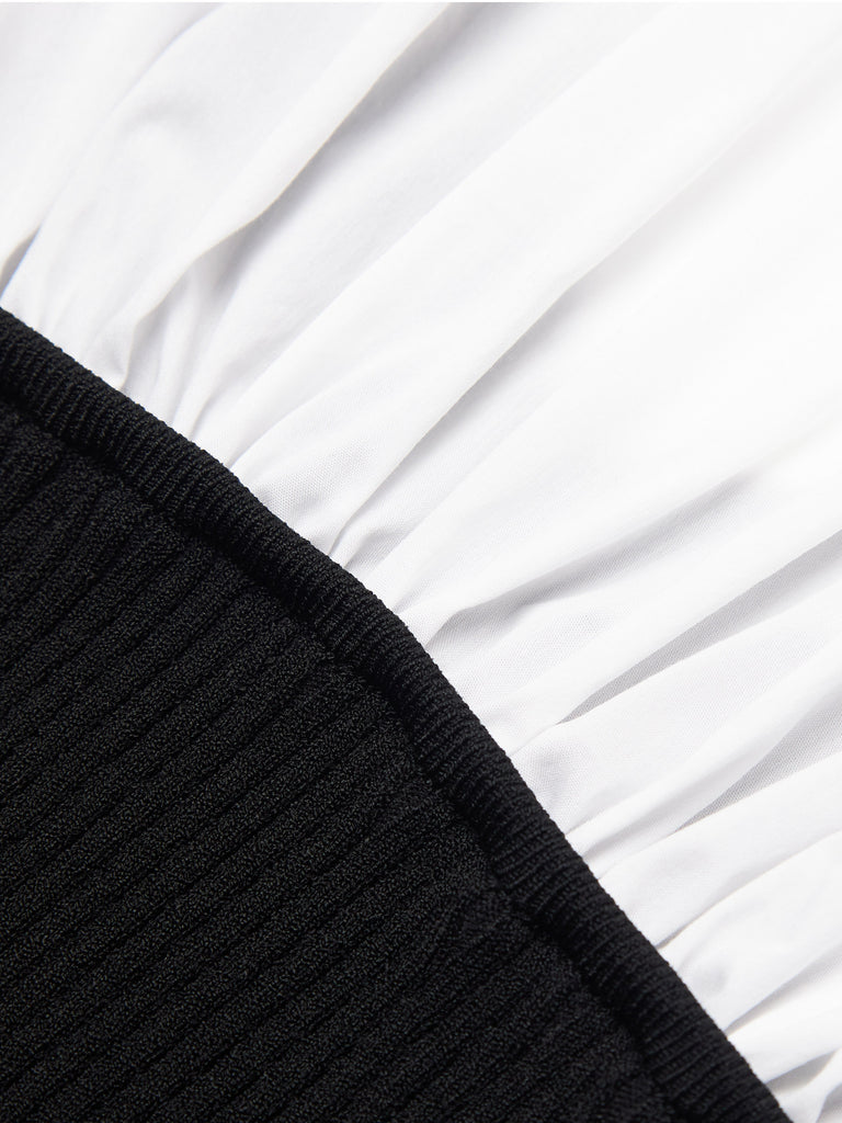 White Cotton Blend Panelled Knit Corset Shirt Top