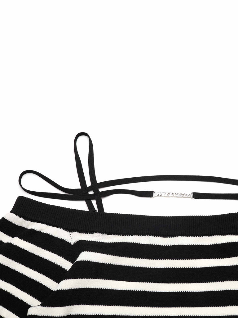 MO&Co. Women's Black and White Striped Strap Details Slim Fit Off Shoulder Mini Dress