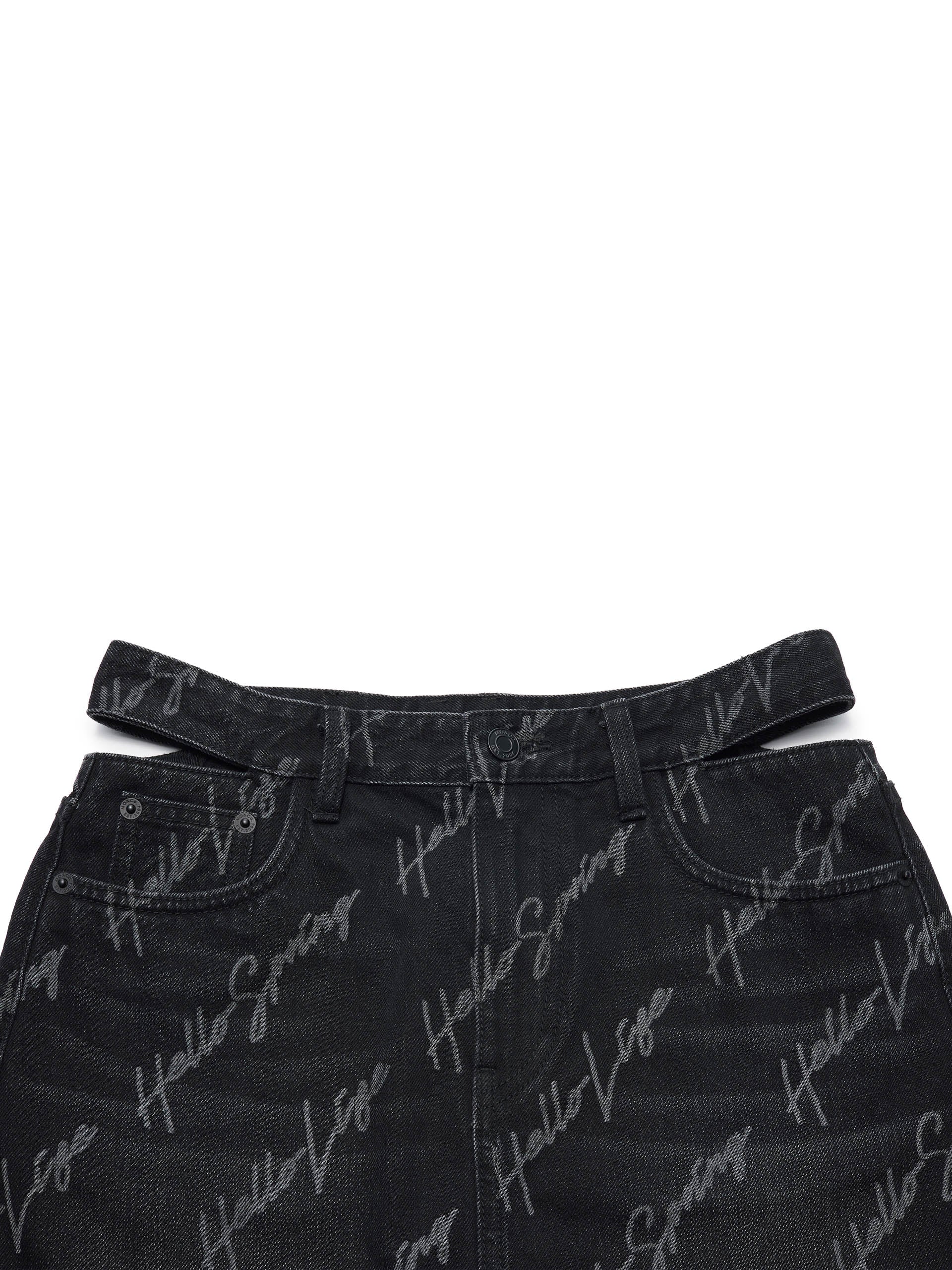 Deconstruct Cut-out Waistband Letter Print Black Mini Denim Skirt