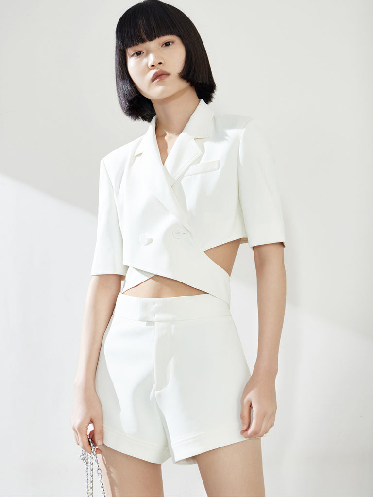 MO&Co. Women's Deconstructed Cut-Out Lapel Crop Blazer Loose Chic Blazer Coats For Women