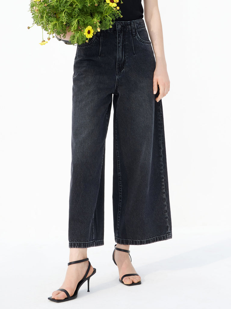 MO&Co. Women's Cotton Wide Leg Jeans Loose Cowboys Black Jeans For Woman