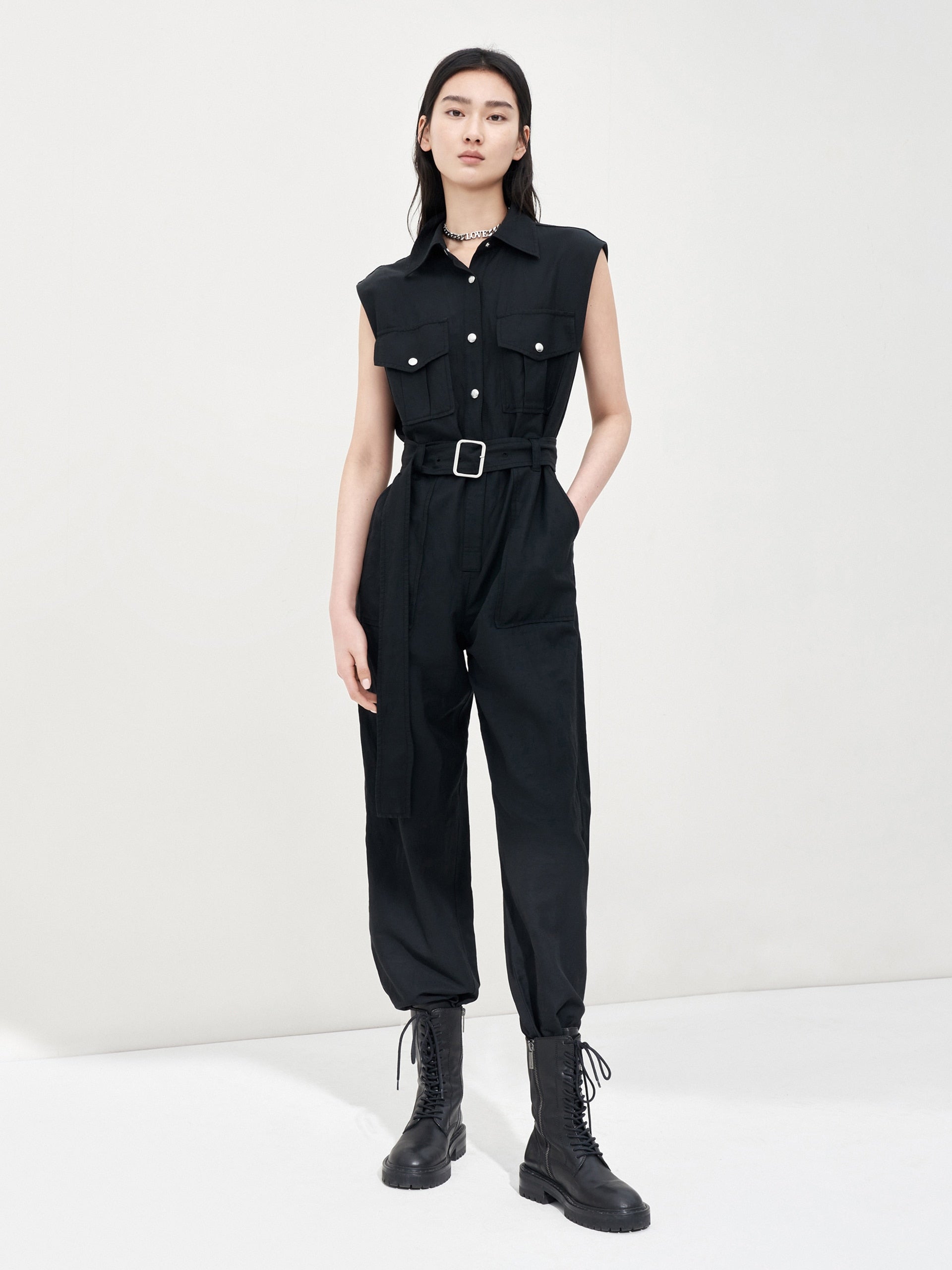 Button Up Sleeveless Cargo Style Overalls MO&Co.