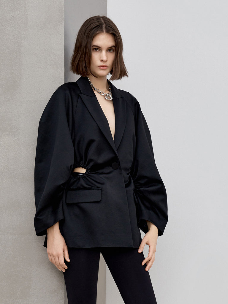 MO&Co. Women's Cutout Ruched Waist Blazer Loose Coolblack blazer