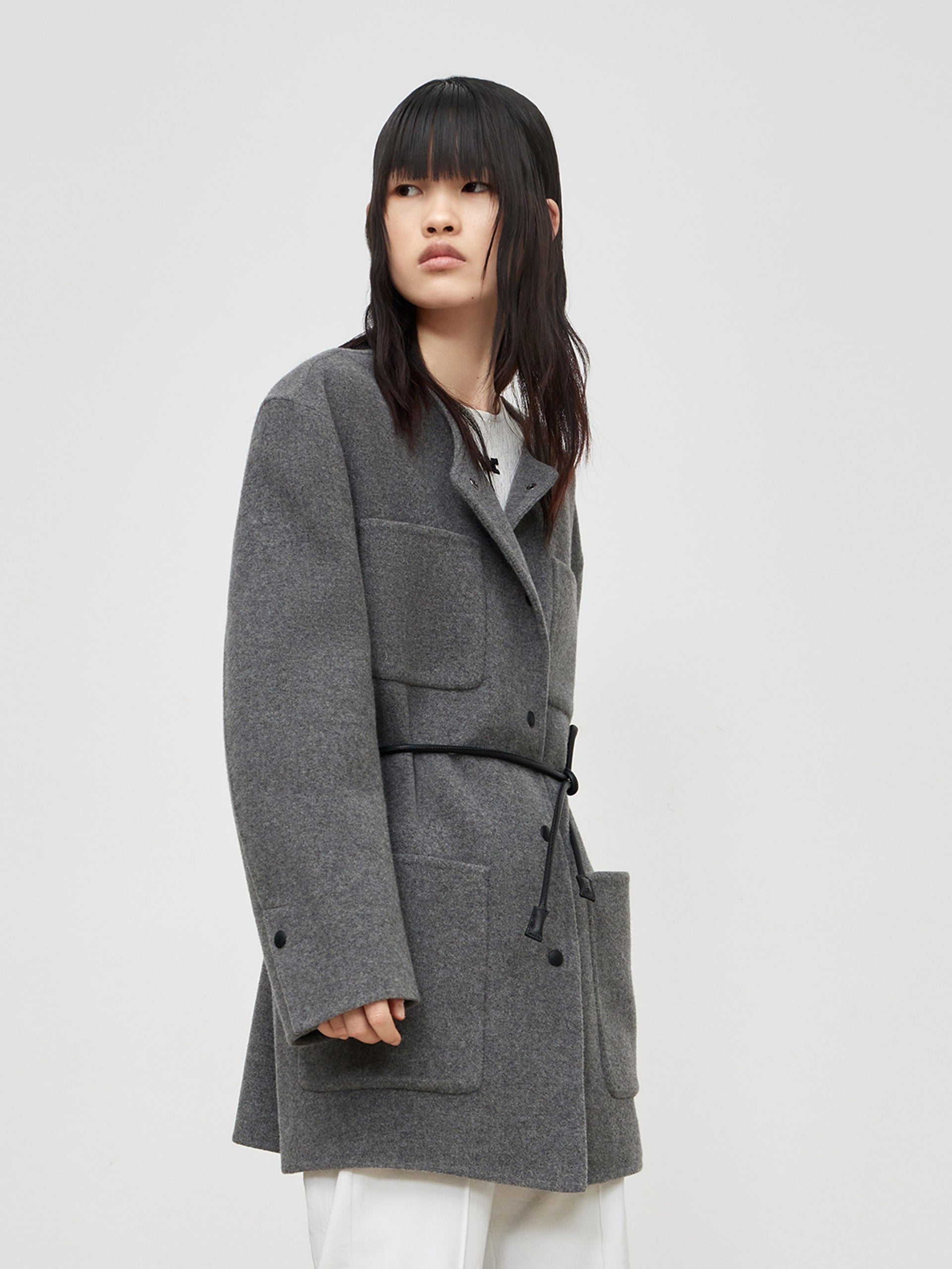 MO&Co. Women's Collarless Coat in Wool Loose Casual Lapel Longline Coat