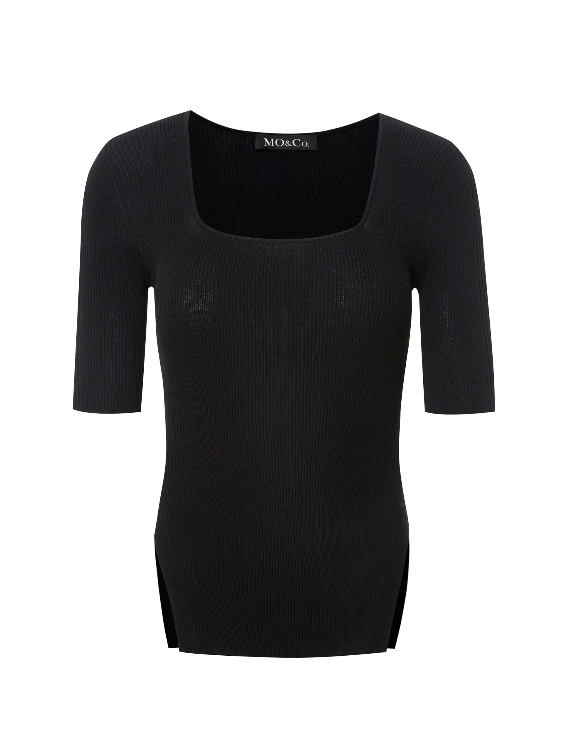 MO&Co. Women Stretch Split-hem Knit Top Fitted Casual  Square Neck Black