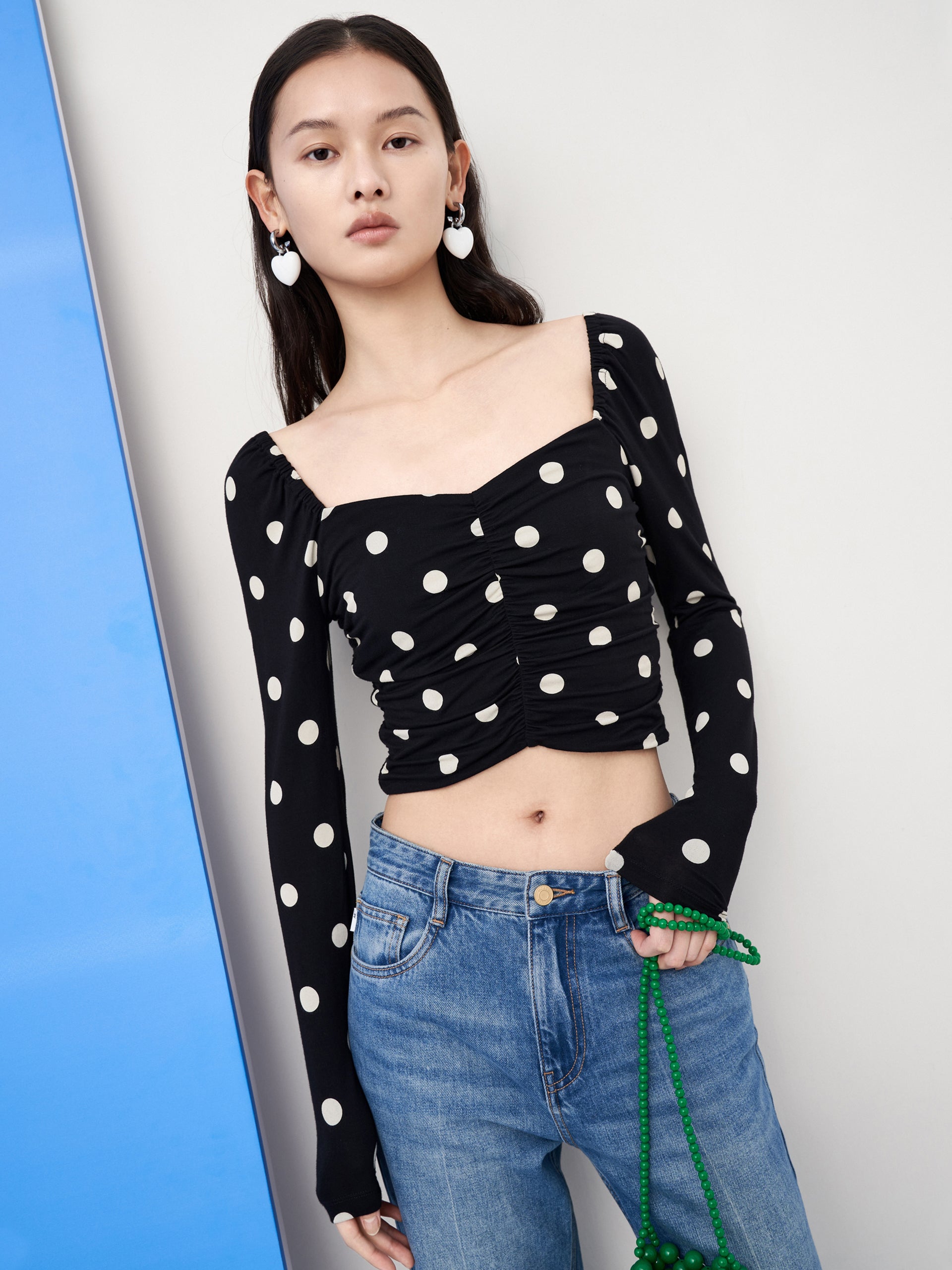 MO&Co. Women's Sweetheart Neck Polka-dot Top Fitted Casual Square Neck Long Sleeve Tops