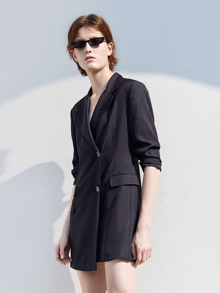 MO&Co. Women's Triacetate Pleated Blazer Loose Casual Lapel Formal Black 