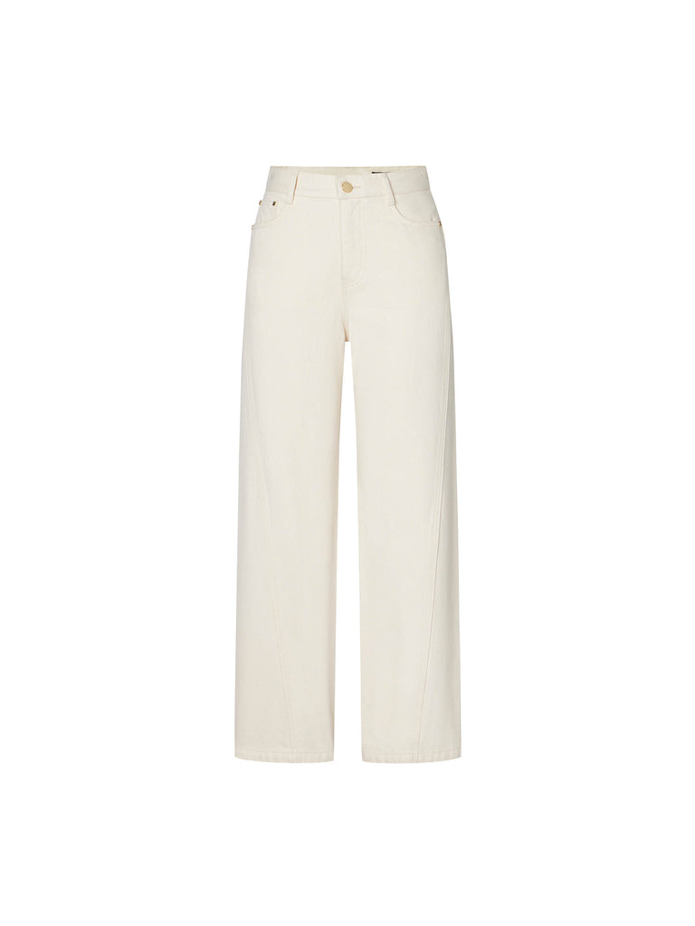 Women's Slanted Seam Details Mid-rise Straight Jeans in Beige