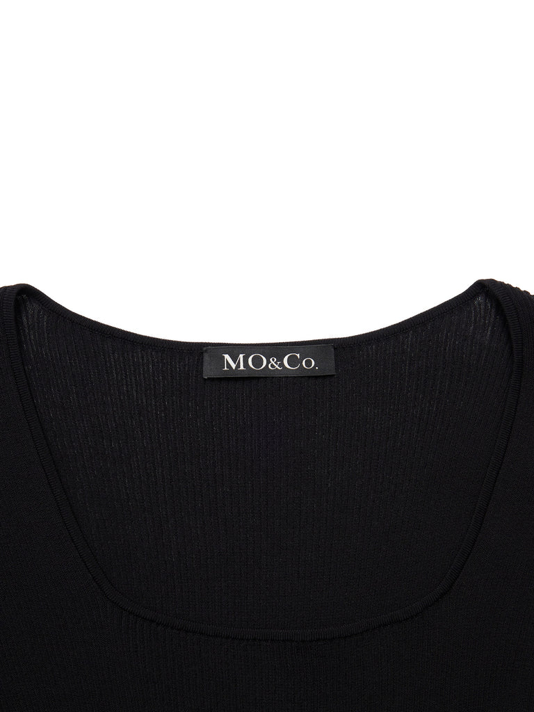 MO&Co. Women Stretch Split-hem Knit Top Fitted Casual  Square Neck Black