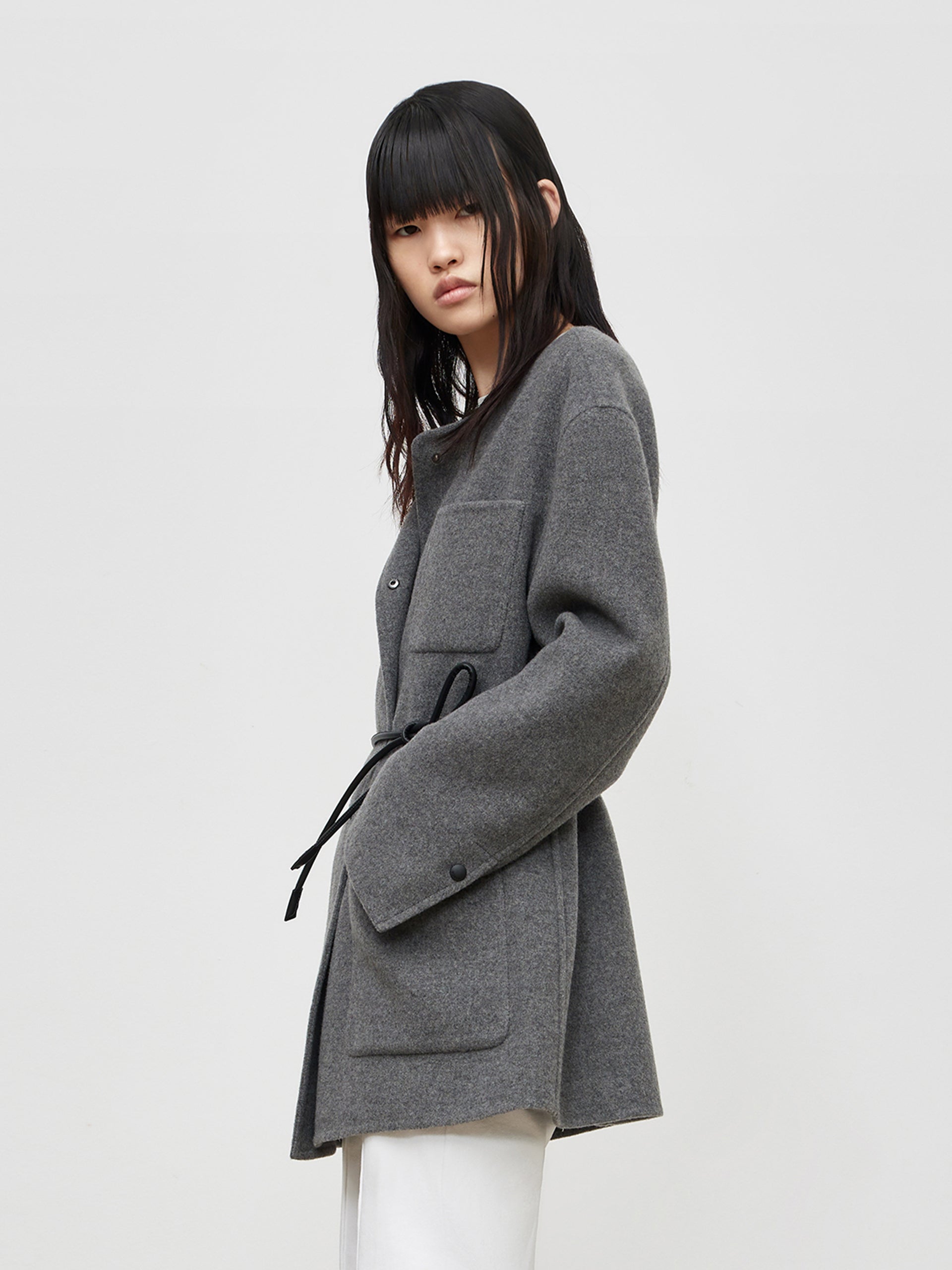 MO&Co. Women's Collarless Coat in Wool Loose Casual Lapel Longline Coat