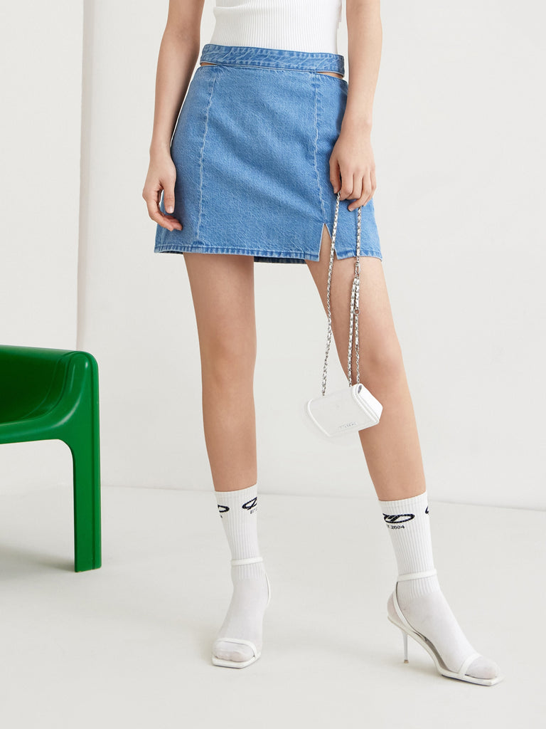 MO&Co. Women's Cutout Waist Cotton Loose Cowboys Denim Mini Skirt For Women