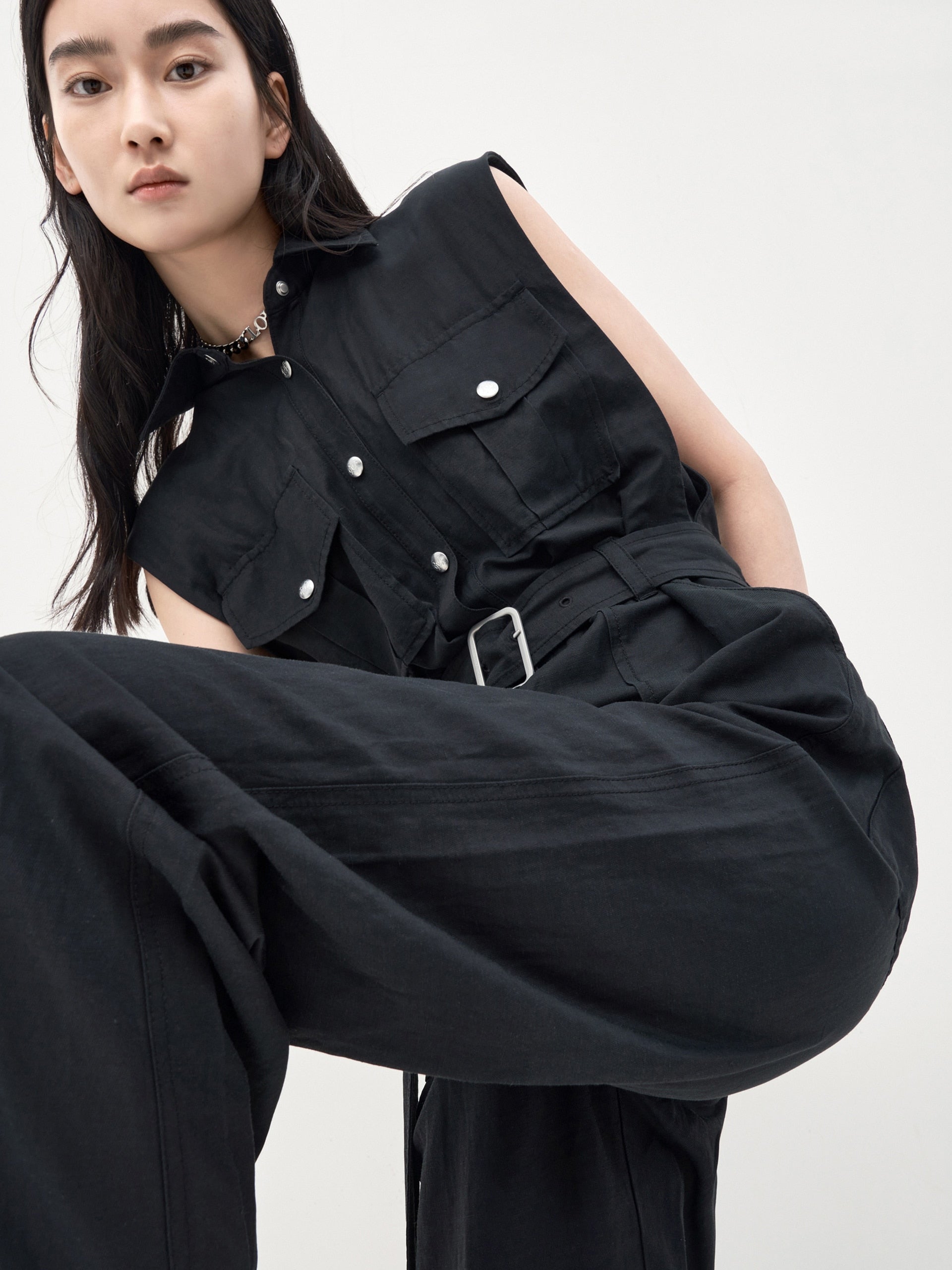 Button Up Sleeveless Cargo Style Overalls MO&Co.