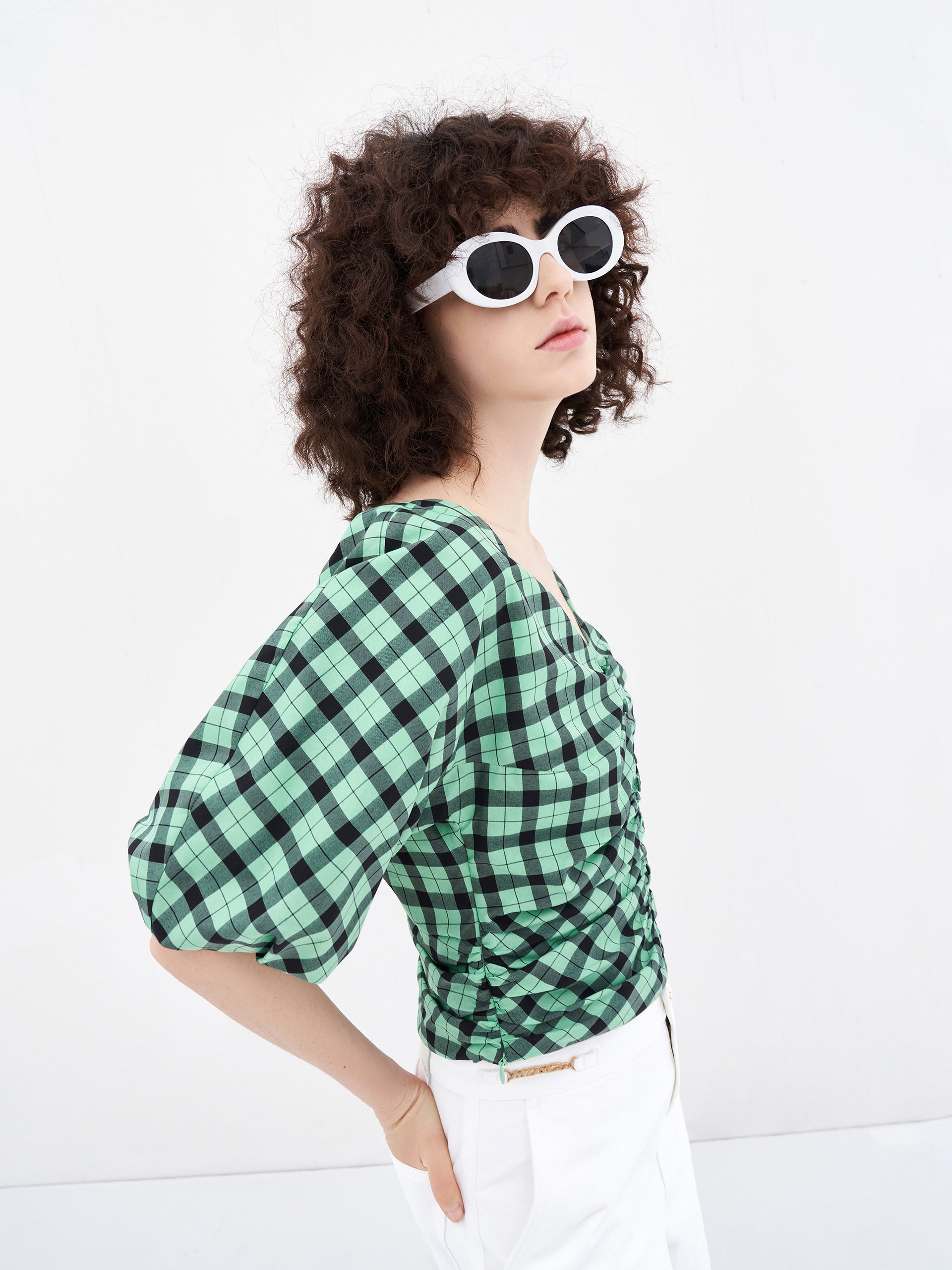 V-Neck Ruched Checkered Top MO&Co.