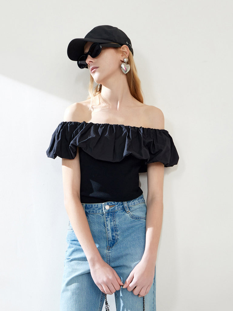 MO&Co. Women's Off Shoulder Ruffle Top Fitted Casual Square Neck Summer Tops For Women