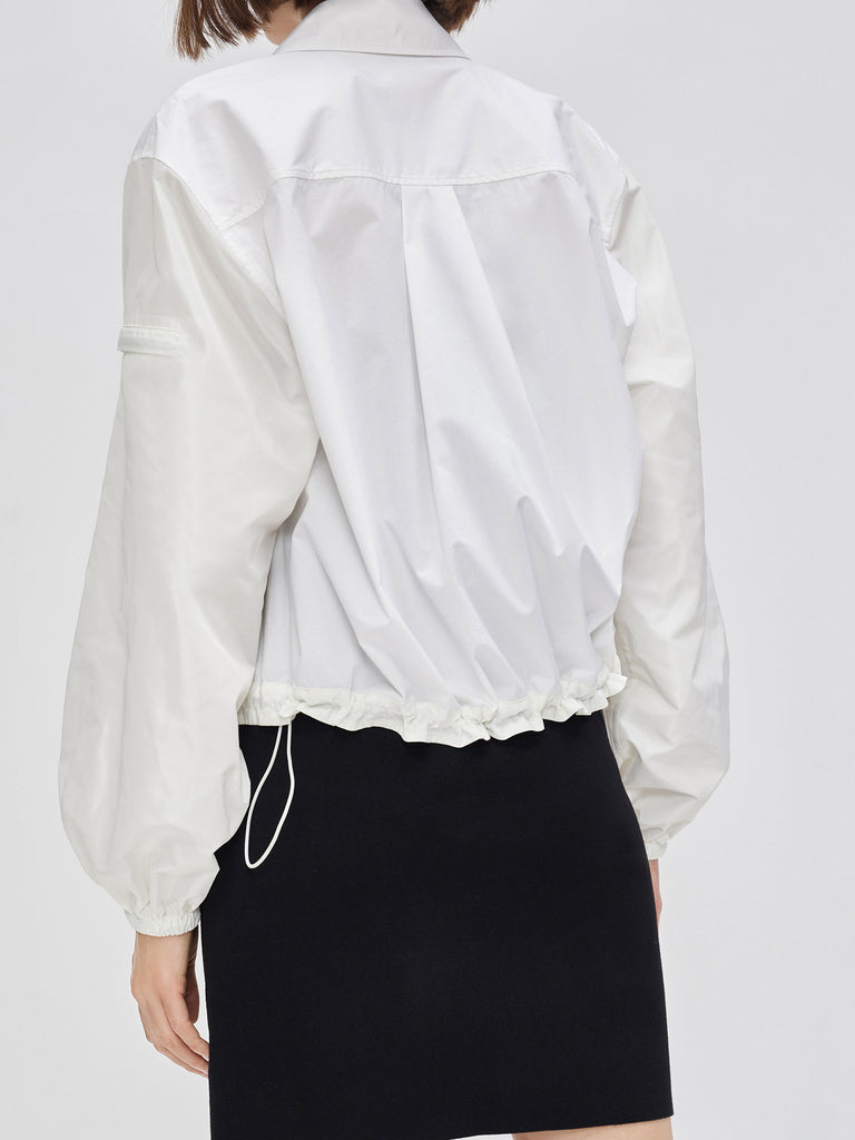 MO&Co. Women's Drawstring Cropped Shirt Fitted Casual Lapel Best White T Shirt