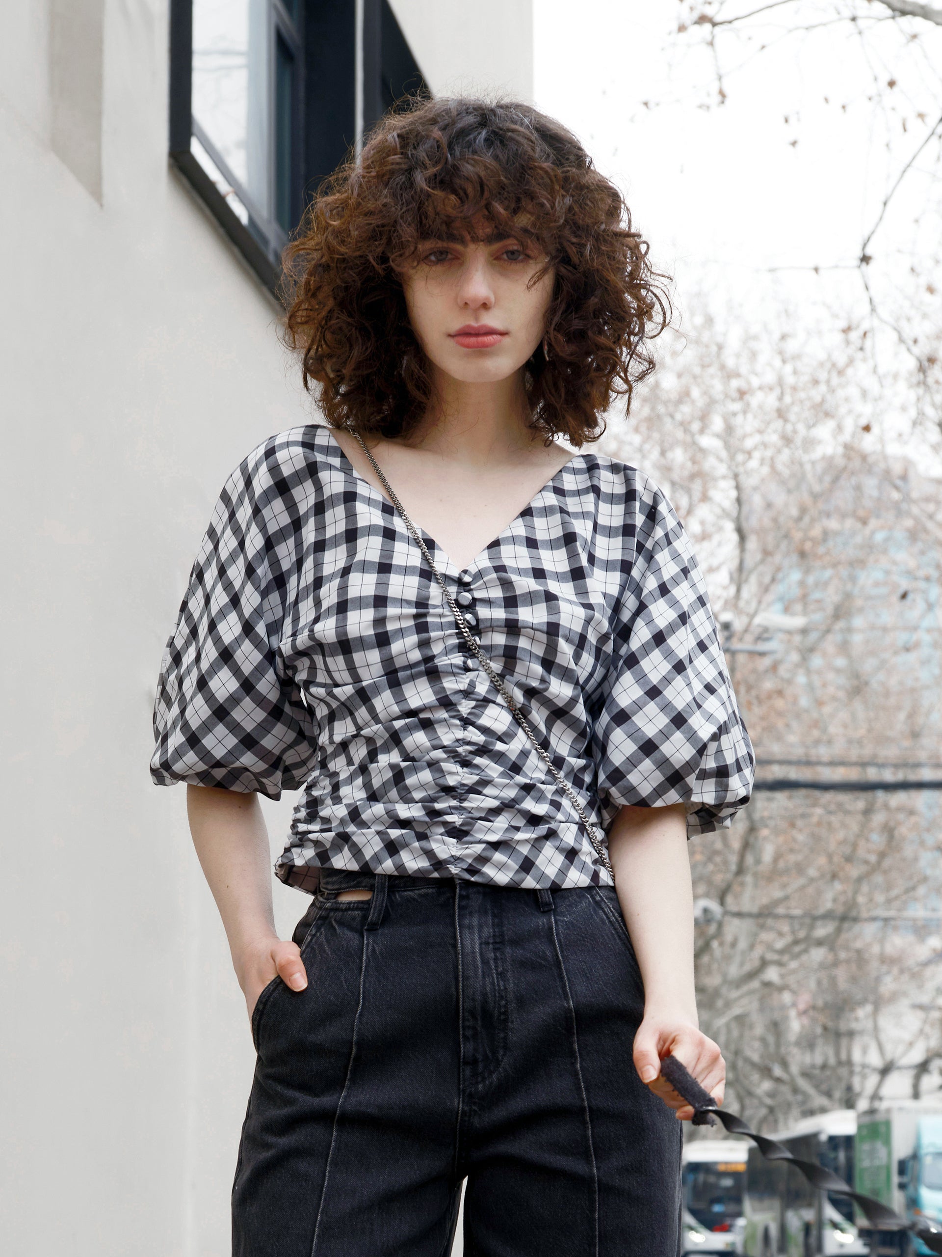 V-Neck Ruched Checkered Top MO&Co.