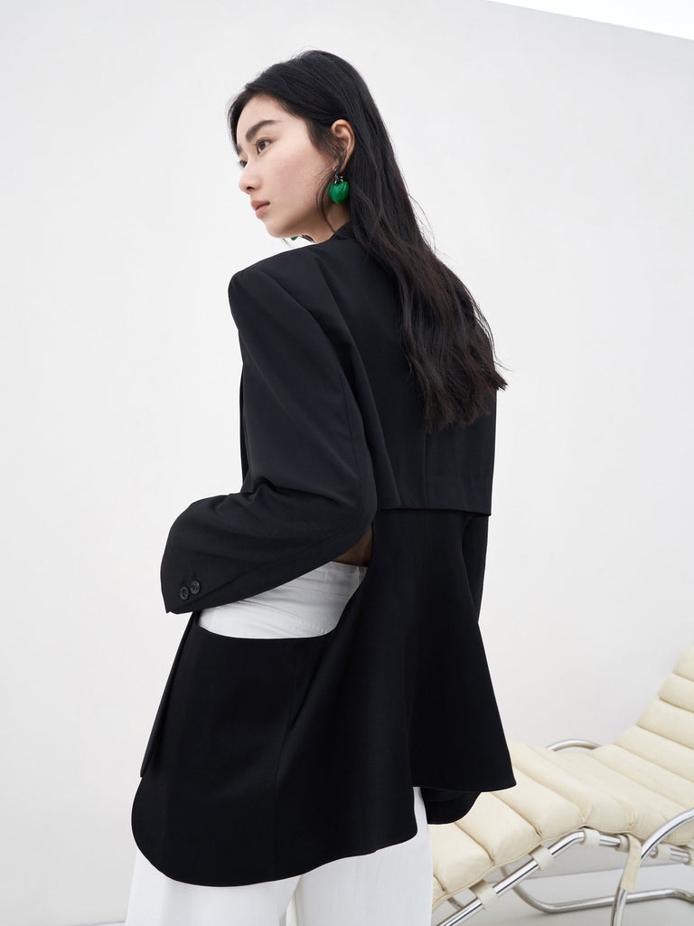 MO&Co. Women's Wool Blend Cutout Blazer Loose Casual Lapel Black Oversized Blazer