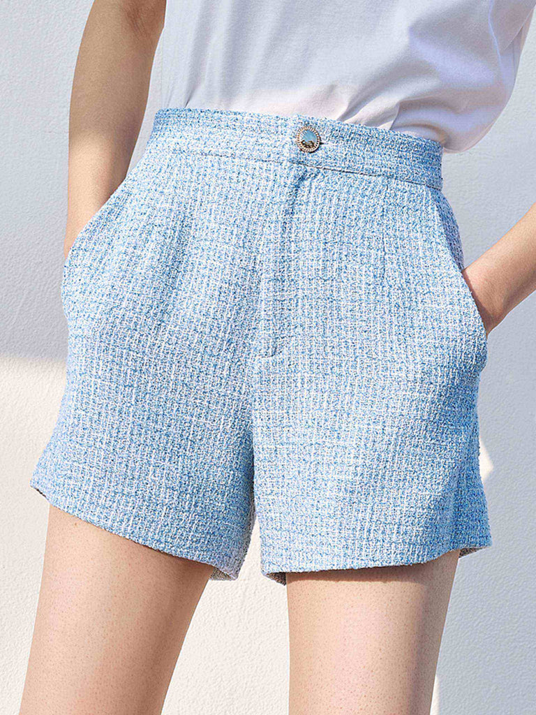 MO&Co.Women Tweed Metal Button Loose Chic Blue Summer Shorts For Women