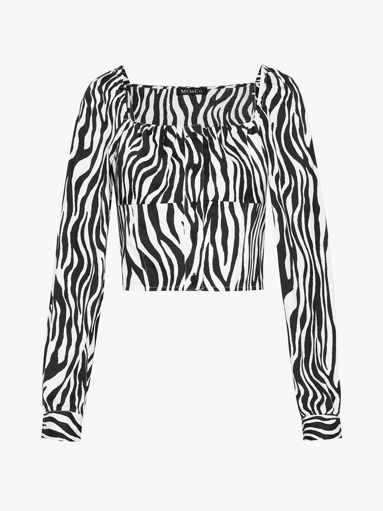 MO&Co. Women's Square Neck Zebra Print Top Fitted Casual Square Neck Long Sleeve Cotton Tops