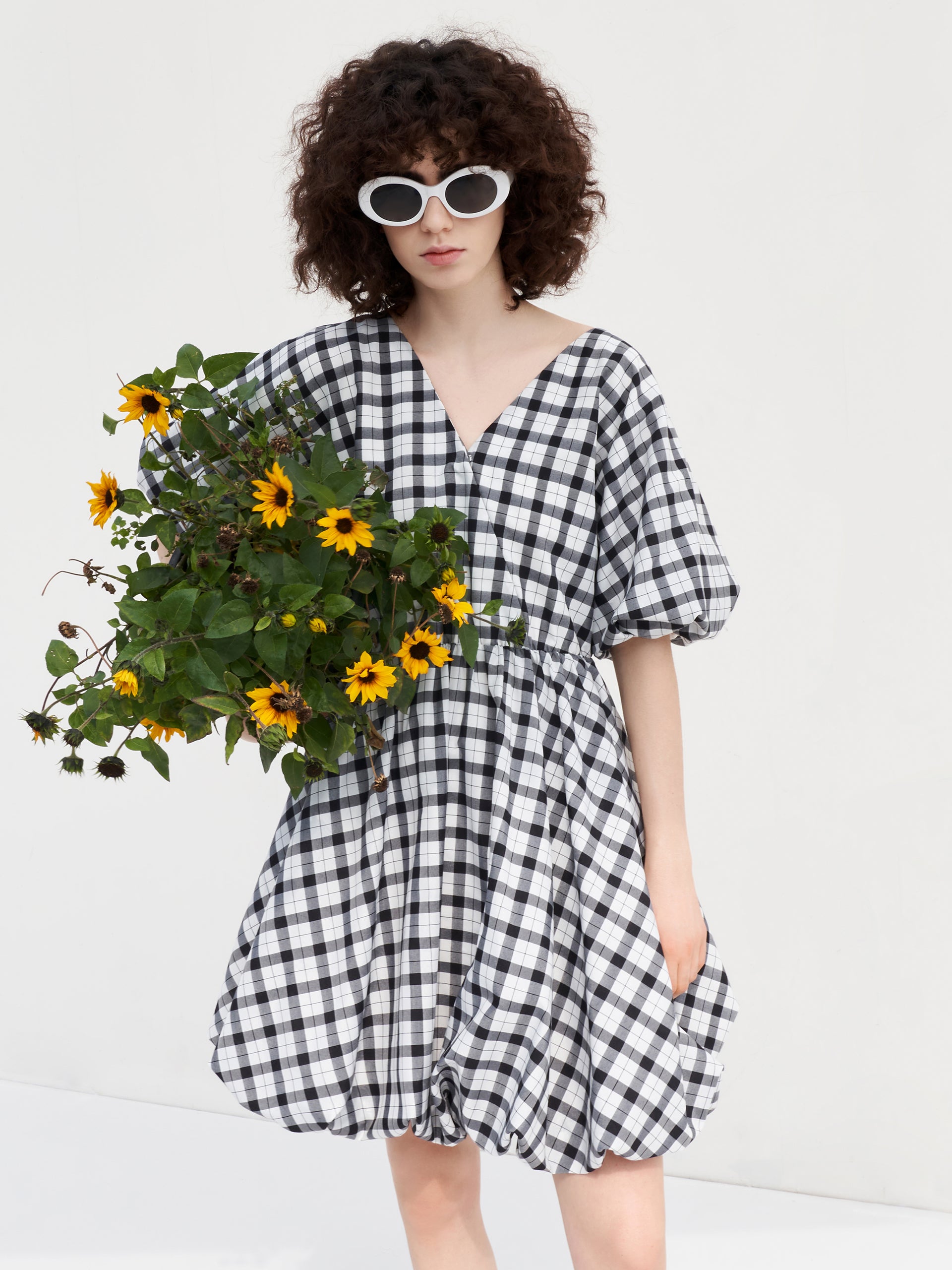 Puff Sleeved V-Neck Checkered Dress MO&Co.