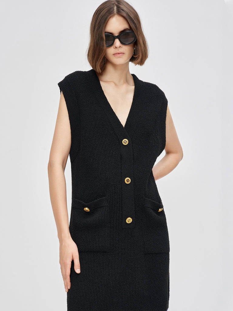MO&Co. Women's V-neck sleeveless Knitted Dress Fitted Chic Black Mini Dress