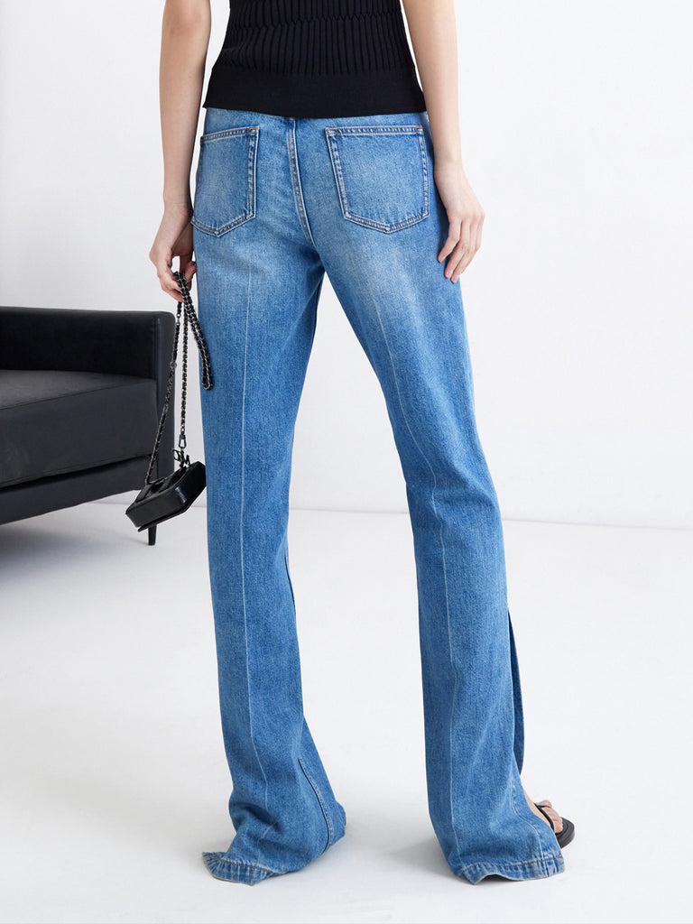 MO&Co. Women's Long Straight Cut Slit Jeans Loose Cowboys Blue Jeans For Woman