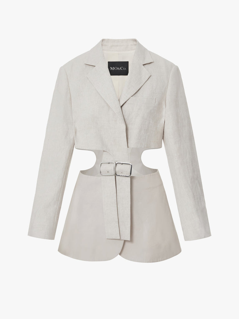 MO&Co. Women's Linen Cutout Blazer Loose Casual Lapel Beige Blazer Coat