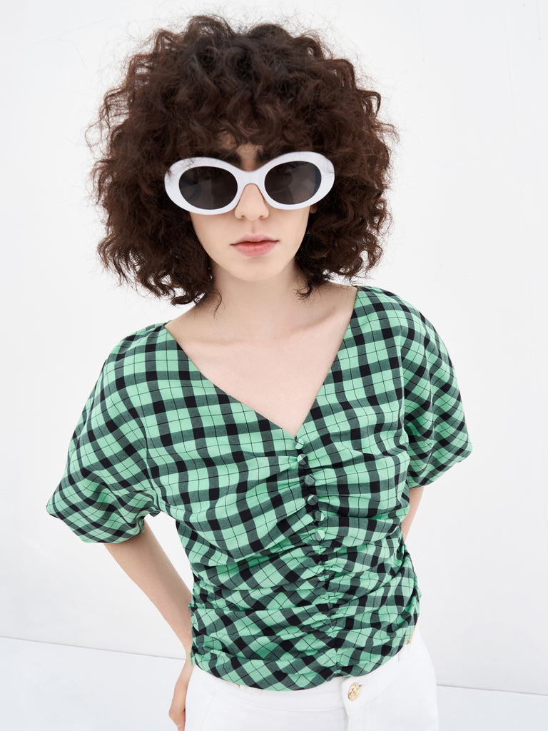 V-Neck Ruched Checkered Top MO&Co.