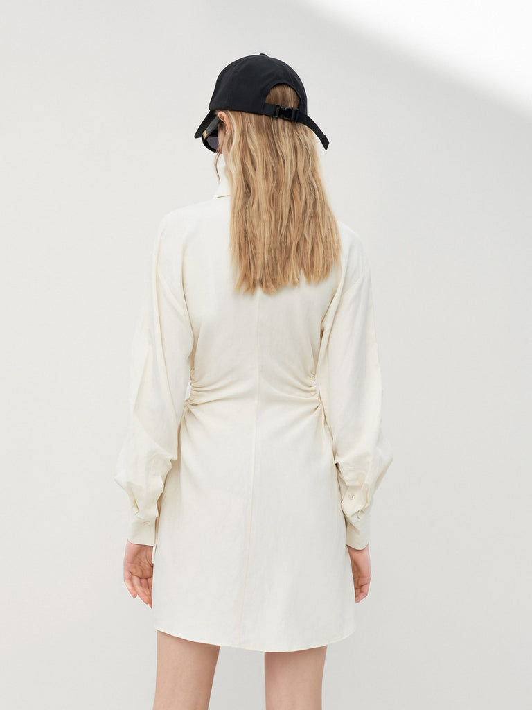 MO&Co. Women's Drawstring Waist Cutout Dress Loose Casual Lapel Beige